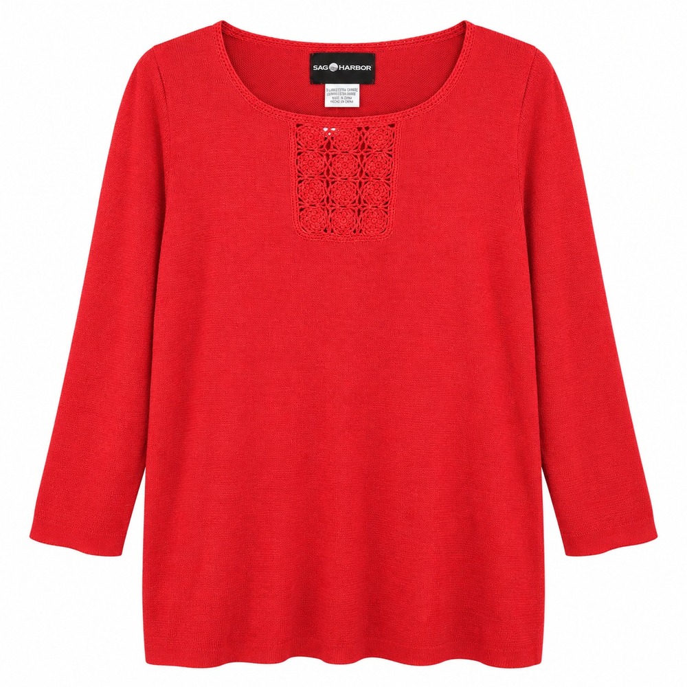 Sag Harbor Crochet Bib Sweater Womens XL Red Excellent 3/4 Sleeve Knit Top